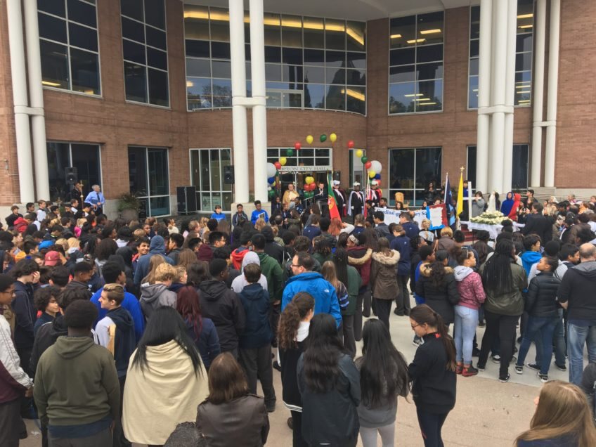 Students and community members gathered for a Cardinal Leger anniversary observance